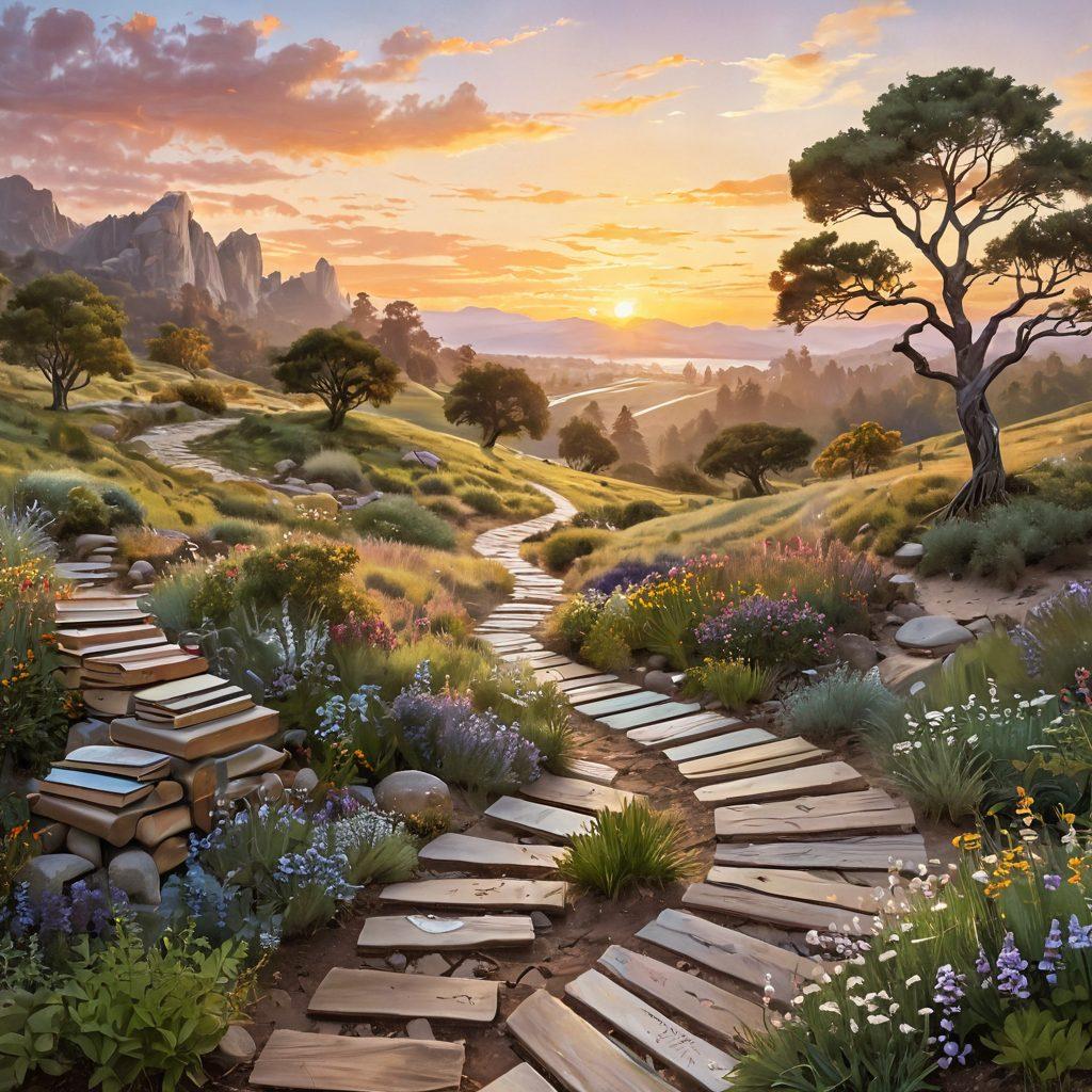 A serene landscape featuring a winding path flanked by diverse resources like books, support hands, and symbols of wellness. In the background, a gentle sunrise symbolizes hope and new beginnings. Survivors are depicted interacting with supportive figures, engaging with tools and resources. Soft colors evoke calmness and resilience. painterly style. vibrant colors.