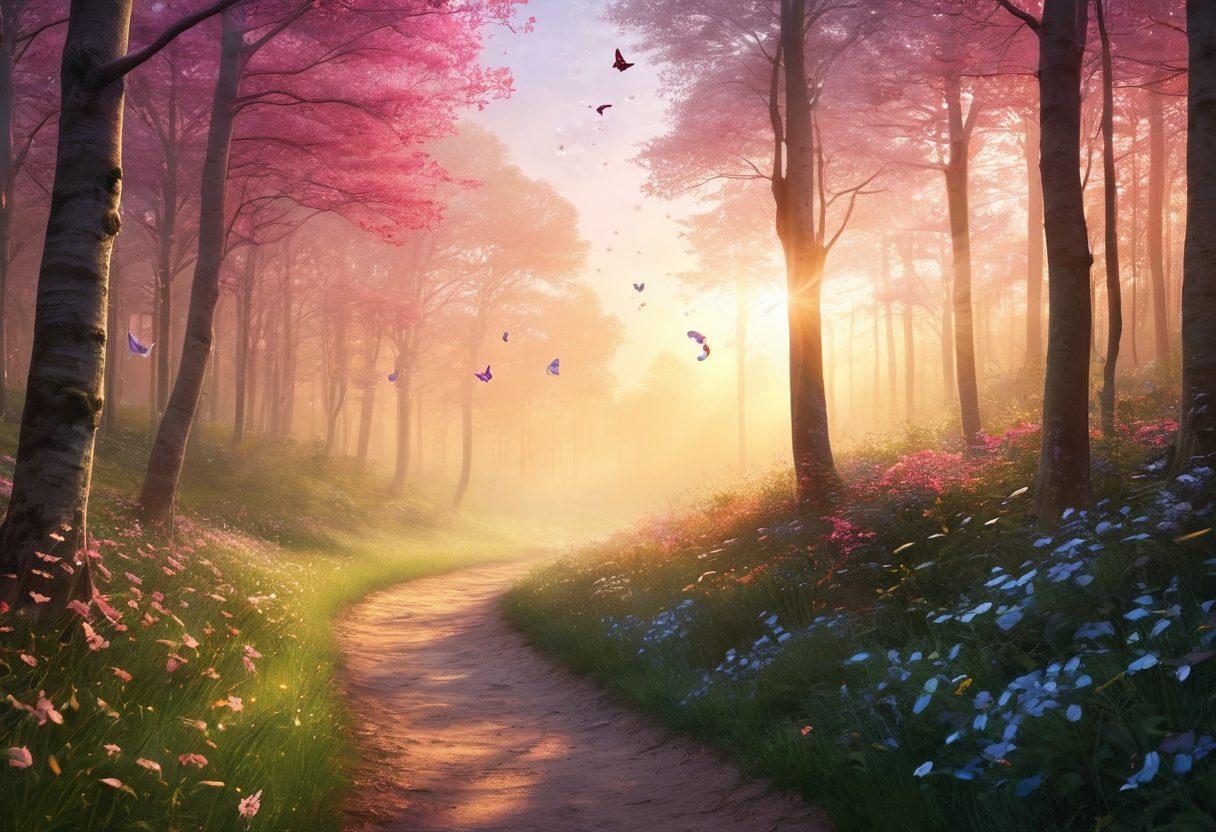 A serene journey through a forest path symbolizing hope and healing, with subtle images of ribbons representing different types of cancer along the sides. Include a bright sunrise in the background to indicate new beginnings, and gentle butterflies fluttering to represent transformation and strength. The scene should evoke feelings of peace, resilience, and encouragement for cancer patients and survivors. vibrant colors. super-realistic. uplifting atmosphere.