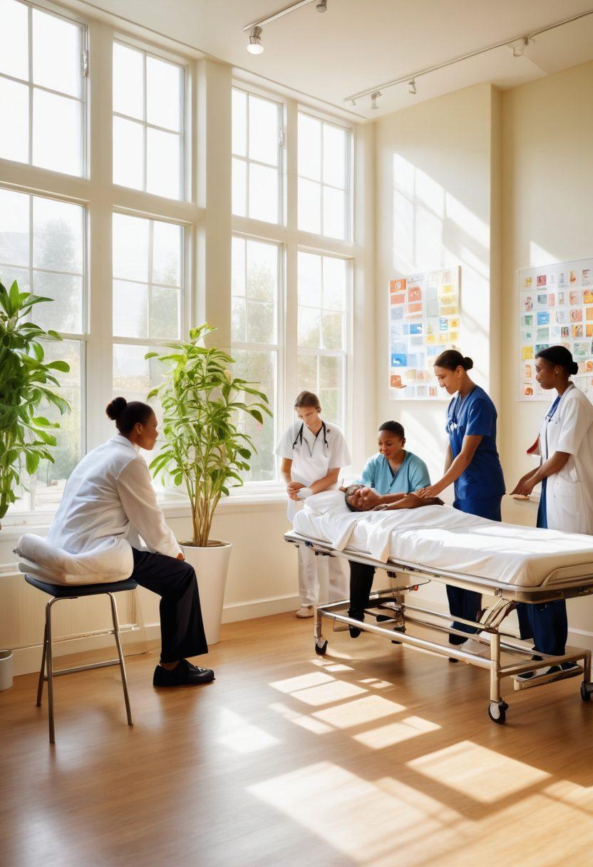A serene scene depicting a diverse group of healthcare professionals collaboratively working with a patient in a bright rehabilitation room filled with motivational posters. The patient, an individual of varied ethnicity, is engaged in rehabilitation exercises supported by empathetic doctors and nurses. Include symbols of hope like a flowering plant and soft sunlight streaming through the windows. The atmosphere should evoke a sense of encouragement and support. super-realistic. vibrant colors. white background.